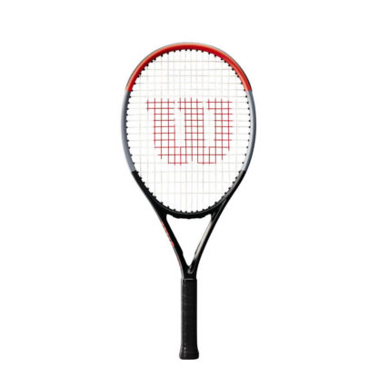 Infrared, grey and black tennis racquet with white strings and red Wilson logo on the strings. black grip. Wilson Clash 25 v1.0.