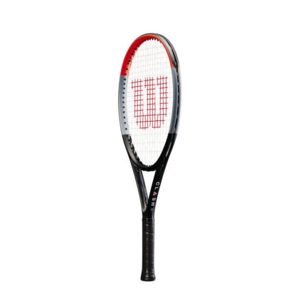 Side view of infrared, grey and black tennis racquet with white strings and red Wilson logo on the strings. black grip. Wilson Clash 25 v1.0. Clash in writing on the side of the throat.