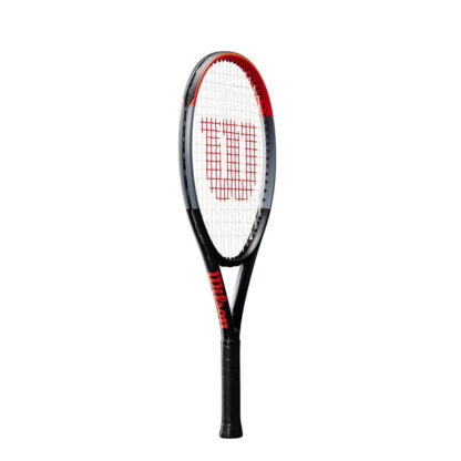 Side view of infrared, grey and black tennis racquet with white strings and red Wilson logo on the strings. black grip. Wilson Clash 25 v1.0. Wilson in infrared writing on the side of the throat.