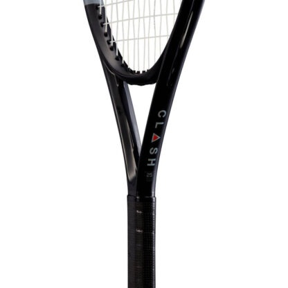 The throat of infrared, grey and black tennis racquet with white strings and red Wilson logo on the strings. black grip. Wilson Clash 26 v1.0.