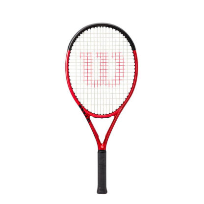 Red matte tennis racquet with black top, white strings with red logo and black grip. Wilson Clash 25 v2.0.