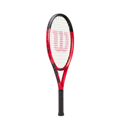 Side view of red matte tennis racquet with black top, white strings with red logo and black grip. Wilson Clash 25 v2.0. Wilson in black writing on the side.