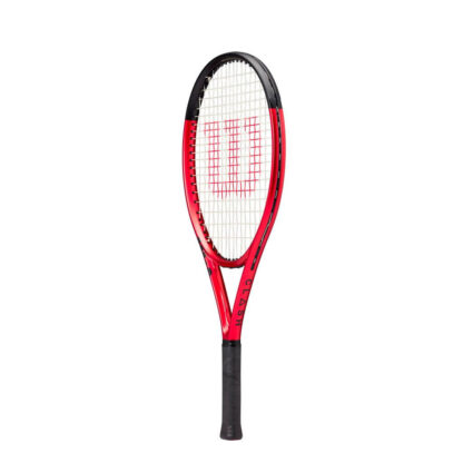 Side view of red matte tennis racquet with black top, white strings with red logo and black grip. Wilson Clash 25 v2.0.