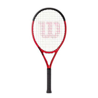 Red matte tennis racquet with black top, white strings with red logo and black grip. Wilson Clash 26 v2.0.