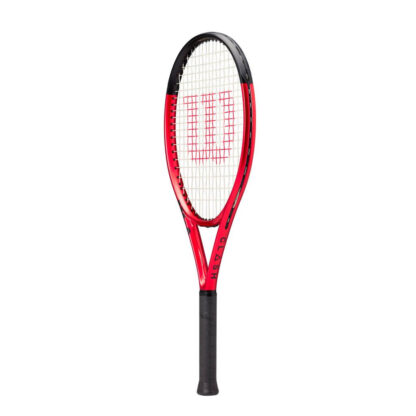 Side view of red matte tennis racquet with black top, white strings with red logo and black grip. Wilson Clash 26 v2.0.