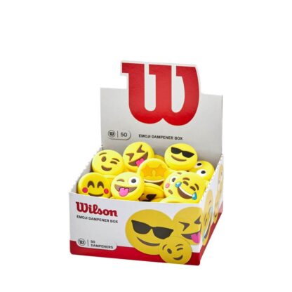 Display box of emoji dampeners for tennis from Wilson.