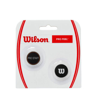 Pack of two dampeners, in black with grey "Pro Staff" text. Yellow and red ring at the border of the dampener., one black with grey Wilson logo. Made for the Wilson Pro Staff racquet.