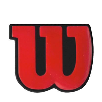 Red dampener for tennis racquet in the shape of Wilsons logo.