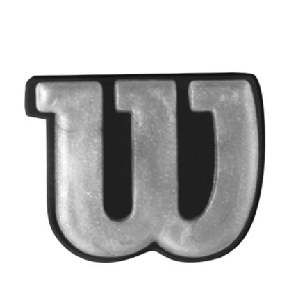 Silver dampener for tennis racquet in the shape of Wilsons logo.