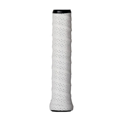 Tennis racquet handle equipped with the Wilson Pro Perforated overgrip in white.