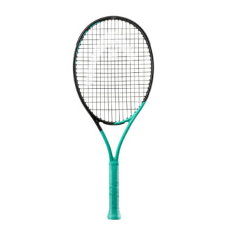 Mint and black tennis racquet from HEAD. Black strings with white HEAD logo. Mint grip. HEAD Boom Jr 26.