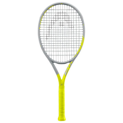 Grey and yellow tennis racquet from HEAD. Grey strings with black HEAD logo and yellow grip. HEAD in yellow writing on the inside of the beam. Extreme in yellow written on the beam from the throat to the middle of the racquet head. HEAD Extreme MP Graphene 360+.