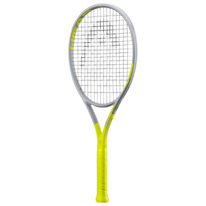 Side view of grey and yellow tennis racquet from HEAD. Grey strings with black HEAD logo and yellow grip. HEAD in yellow writing on the inside of the beam. Extreme in yellow written on the beam from the throat to the middle of the racquet head. HEAD Extreme MP Graphene 360+.