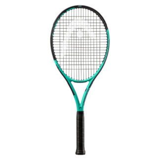 Black and mint tennis racquet from HEAD. Black grip with black strings and white HEAD logo. Mint colour from the throat to the middle of the racquet head. Black from the middle of the racquet head and up. HEAD in mint writing in the inside of the beam. HEAD Innegra Challenge MP.