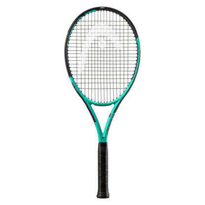 Black and mint tennis racquet from HEAD. Black grip with black strings and white HEAD logo. Mint colour from the throat to the middle of the racquet head. Black from the middle of the racquet head and up. HEAD in mint writing in the inside of the beam. HEAD Innegra Challenge MP.