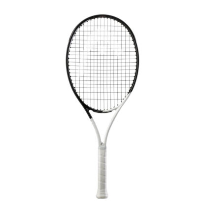 White and black tennis racquet from HEAD. Black strings with white HEAD logo. White grip. HEAD Speed Jr 26 2022.