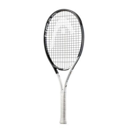 Side view of white and black tennis racquet from HEAD. Black strings with white HEAD logo. White grip. HEAD Speed Jr 26 2022.