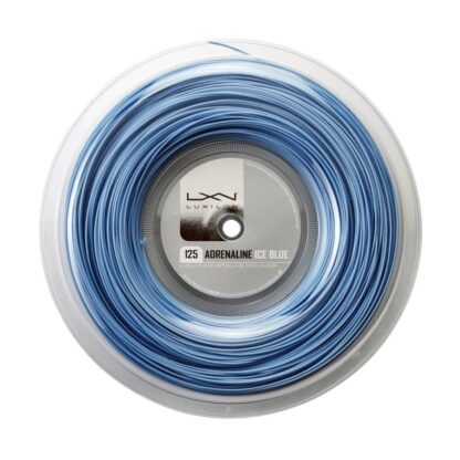 Reel of Luxilon Adrenaline Ice Blue 125 in light blue/ice blue colour.