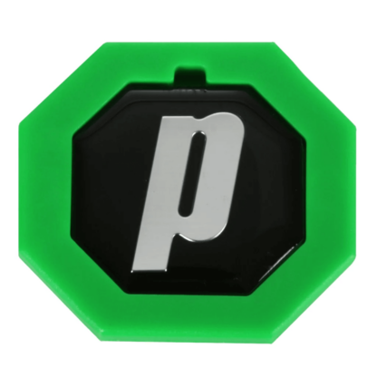 Lime green butt cap with black trap door with silver P logo for "Prince". Prince Butt Cap for tennis racquets.