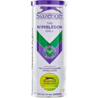 White, purple and green tin of tennis balls. Three Slazenger Wimbledon tennis balls.