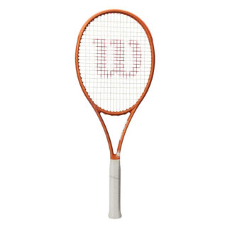 Orange tennis racquet with grey grip and white strings with red "W" for Wilson. White Roland Garros logo at the bottom of the throat. Wilson Blade 98 18x20 v8.0 Roland Garros Edition.