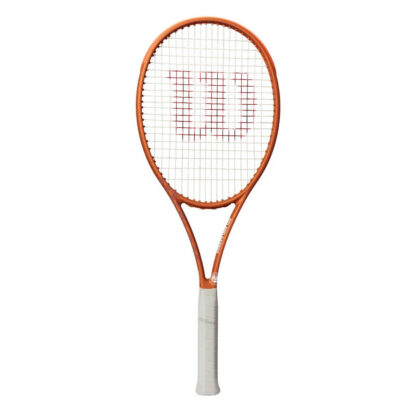 Orange tennis racquet with grey grip and white strings with red "W" for Wilson. White Roland Garros logo at the bottom of the throat. Wilson Blade 98 18x20 v8.0 Roland Garros Edition.