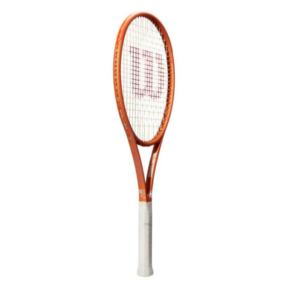 Side view of orange tennis racquet with grey grip and white strings with red "W" for Wilson. White Roland Garros logo at the bottom of the throat. Wilson Blade 98 18x20 v8.0 Roland Garros Edition. Wilson in orange writing on the side of the beam.