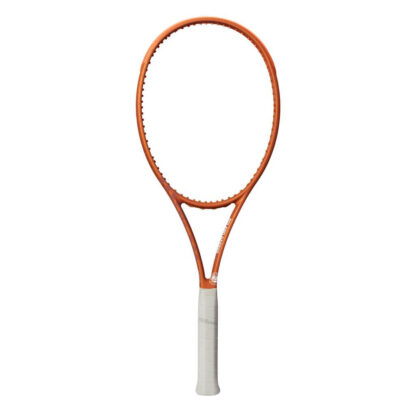 Orange tennis racquet with grey grip. White Roland Garros logo at the bottom of the throat. Wilson Blade 98 18x20 v8.0 Roland Garros Edition.