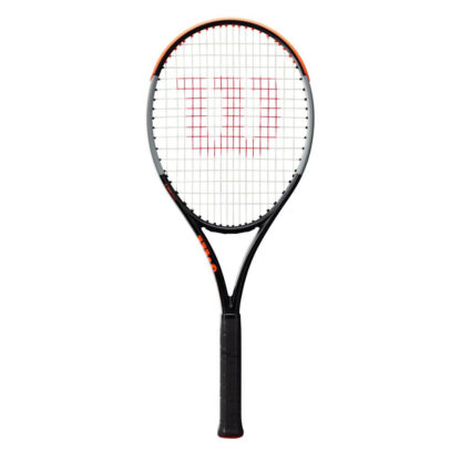 Tennis racquet. Beam in orange, grey and black. A big red "W" painted on the white strings.