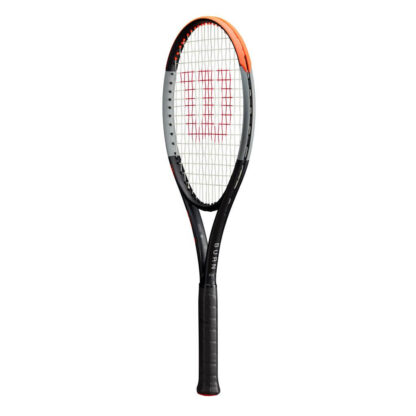 Side view of tennis racquet. Beam in orange, gray and black. A big red "W" painted on the white strings.