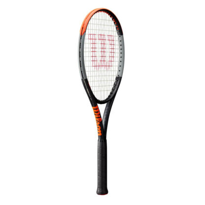 Side view of tennis racquet. Beam in orange, gray and black. A big red "W" painted on the white strings.