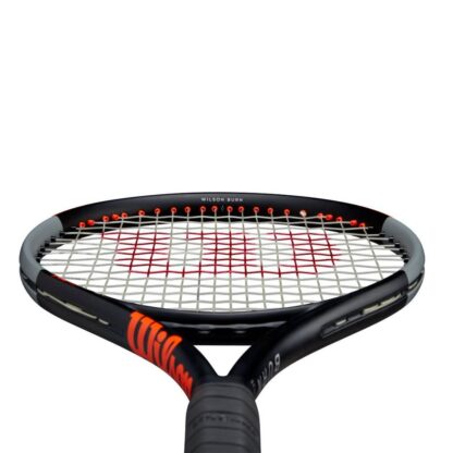 Tennis racquet (seen from handle and towards the head). Beam in orange, gray and black. A big red "W" painted on the white strings.