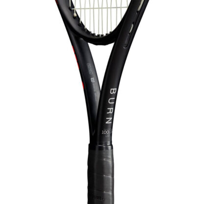 Close up tennis racquet (upper part of handle, shaft and lover part of head). Printed on shaft: "BURN 100 UL"