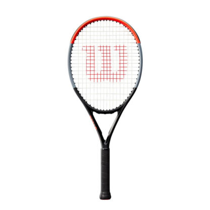 Infrared, grey and black tennis racquet with white strings and red Wilson logo on the strings. black grip. Wilson Clash 26 v1.0.