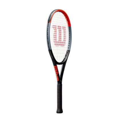 Side view of infrared, grey and black tennis racquet with white strings and red Wilson logo on the strings. black grip. Wilson Clash 26 v1.0. Wilson in infrared writing on the side of the throat.
