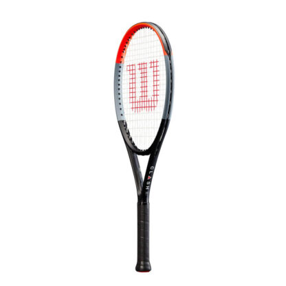 Side view of infrared, grey and black tennis racquet with white strings and red Wilson logo on the strings. black grip. Wilson Clash 26 v1.0. Clash in writing on the side of the throat.