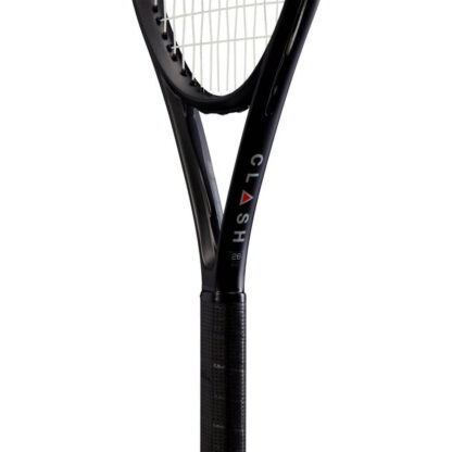 The throat of infrared, grey and black tennis racquet with white strings and red Wilson logo on the strings. black grip. Wilson Clash 26 v1.0.
