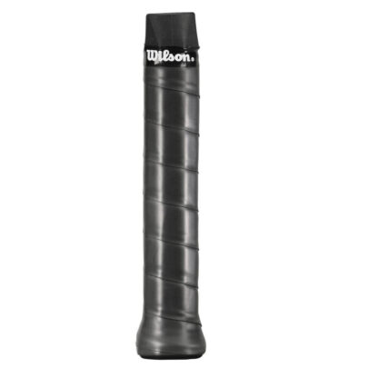 Equipped Wilson Feather Thin replacement grip in black on a tennis racquet.