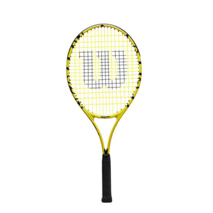 Tennis racquet with Minions icons. Yellow strings with black "W" for Wilson. Junior tennis racquet 25 inches in length.