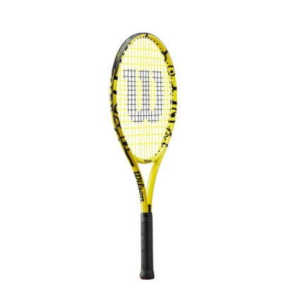 Side view of tennis racquet with Minions icons. Yellow strings with black "W" for Wilson. Junior tennis racquet 25 inches in length.