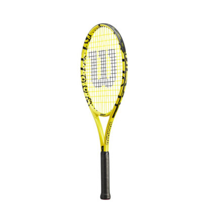 Side view of tennis racquet with Minions icons. Yellow strings with black "W" for Wilson. Junior tennis racquet 25 inches in length.