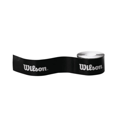 Reel of racket saver tape in black with Wilson in silver writing on it. Wilson Racket Saver Tape for protecting the paint and bumpers on tennis racquets.
