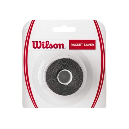 A pack of racket saver tape in black with Wilson in silver writing on it. Wilson Racket Saver Tape for protecting the paint and bumpers on tennis racquets.
