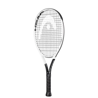 White HEAD tennis racquet with black details. HEAD in black writing inside the racquet head. Black strings with white HEAD logo. Black grip.