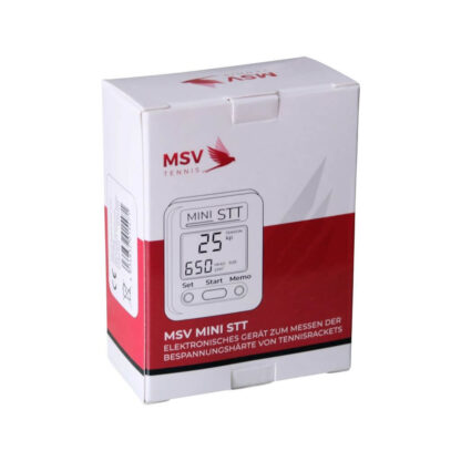 White and red box with red bird logo and MSV Tennis in red writing. MSV Mini STT tennis string tension device.