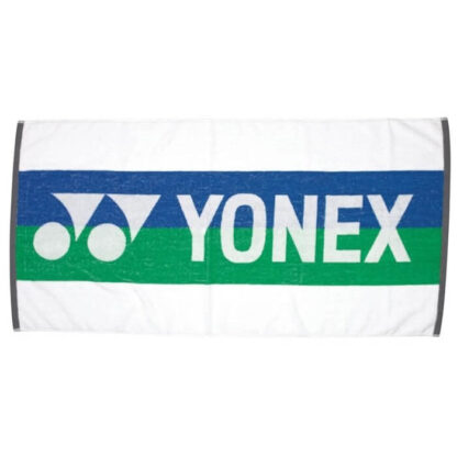 White shower towel with blue and green stripe in the middle with white Yonex logo and Yonex in writing in the middle.