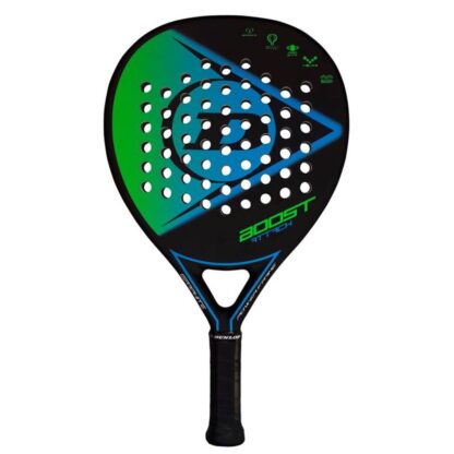 Black, green and blue padel bat from Dunlop. Black Dunlop logo in the middle. Boost Attack in green and blue writing. Black grip.