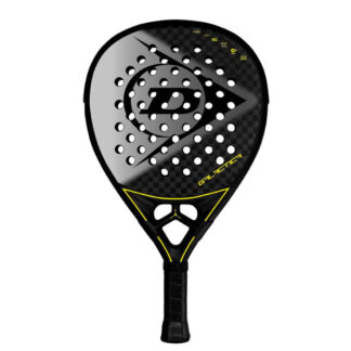 Black, grey and yellow padel bat from Dunlop. Black Dunlop logo in the middle. Galactica in yellow writing. Black grip.