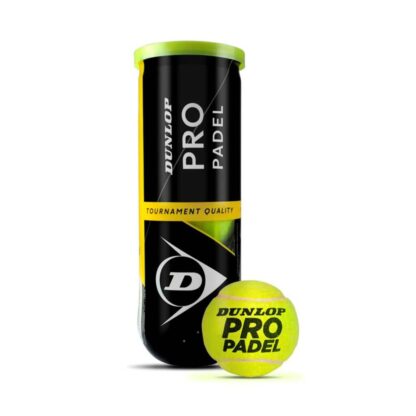 Tube with 3 padel balls. black wrapper with Dunlop Padel Pro in white writing. Padel ball besides the tube with Dunlop Pro Padel in black writing.