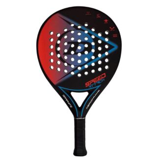 Black, red and blue padel bat from Dunlop. Black Dunlop logo in the middle. Speed Attack in red and blue writing. Black grip.